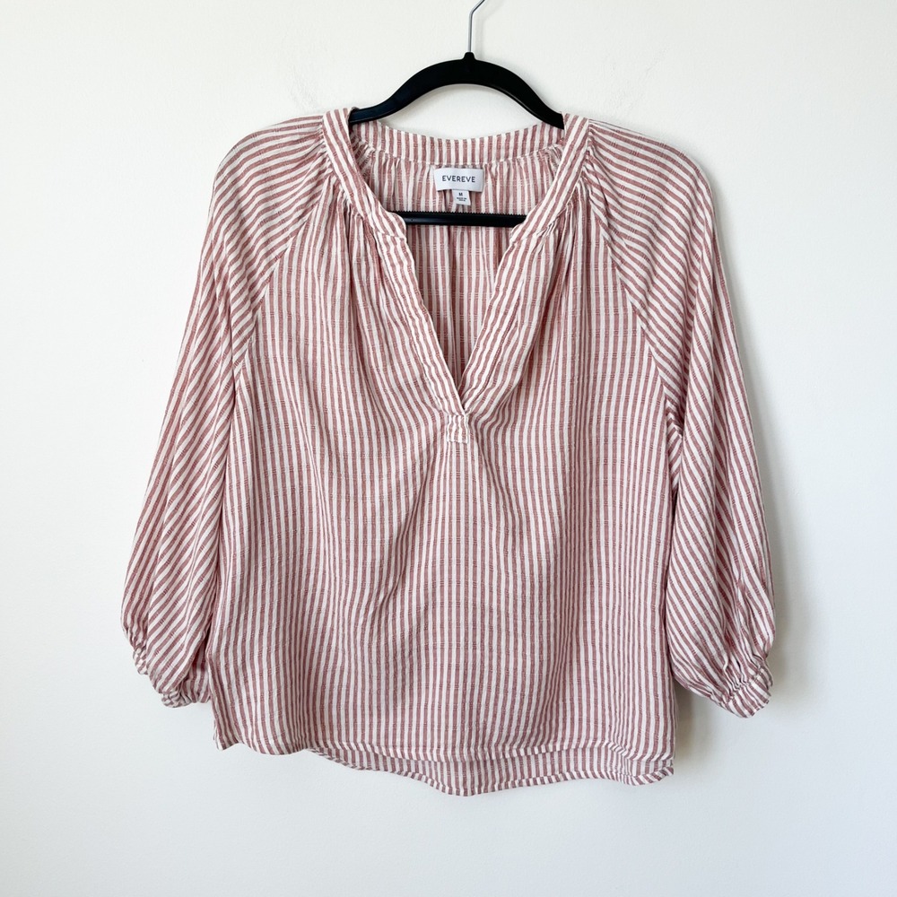 Evereve V-Neck 3/4 Balloon Sleeve Top White Red Womens Medium